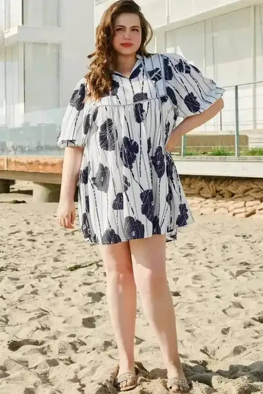 Plus Size Mini Dresses Black & White Floral Curvy Mini Dress