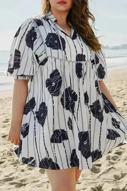 Plus Size Mini Dresses Black & White Floral Curvy Mini Dress