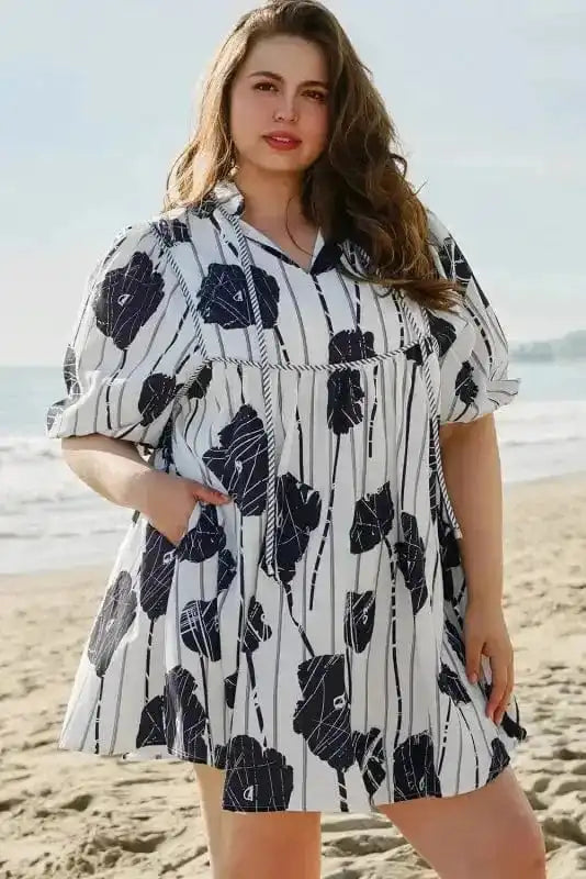 Plus Size Mini Dresses Black & White Floral Curvy Mini Dress