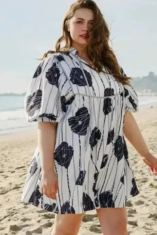 Plus Size Mini Dresses Black & White Floral Curvy Mini Dress
