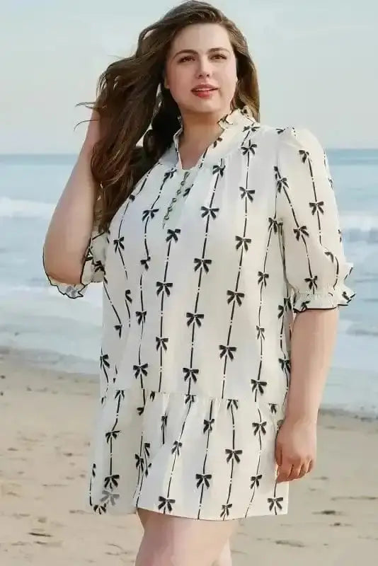Plus Size Mini Dresses Bow Ruffle Curvy Mini Dress - Elegant and Playful