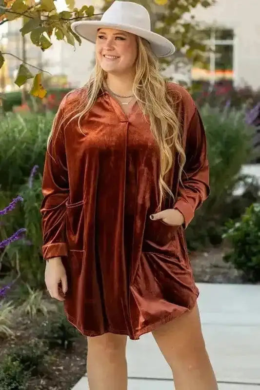 Plus Size Mini Dresses Coffee / 1X / 95%Polyester+5%Elastane Elegant Pleated Velvet Dress - Plus Size