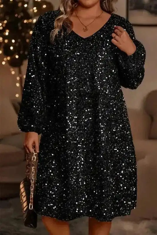 Plus Size Mini Dresses Color black / 1X / 100%Polyester Sequin Elegance Plus Dress