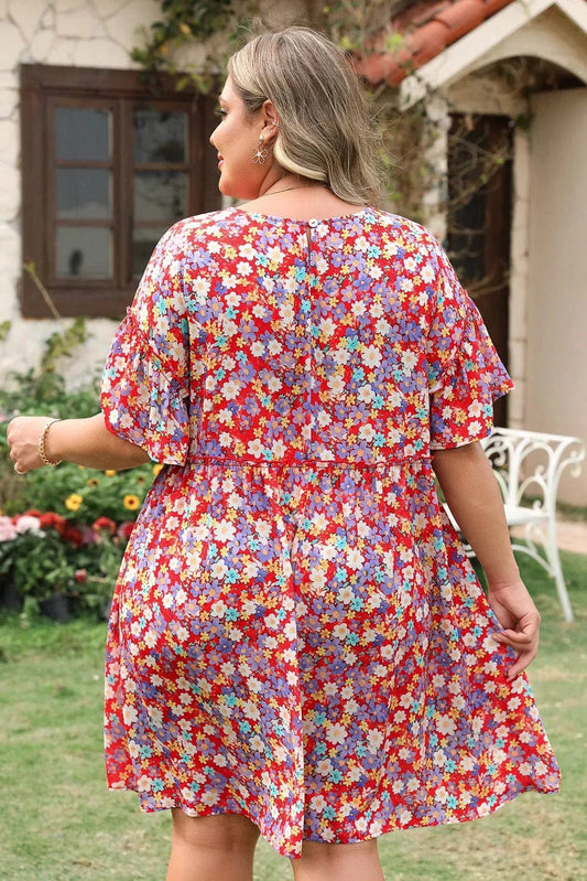 Plus Size Mini Dresses Dainty Red Floral Curvy Dress