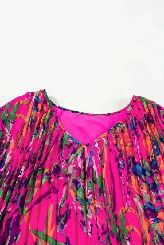 Plus Size Mini Dresses Elegant Floral Pleated Dress - Plus Size