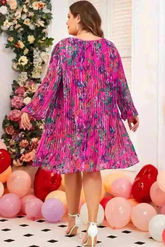 Plus Size Mini Dresses Elegant Floral Pleated Dress - Plus Size