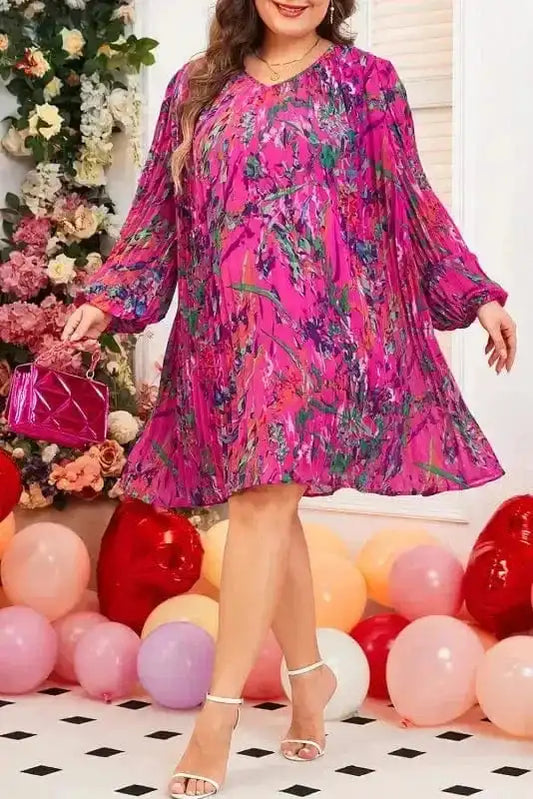 Plus Size Mini Dresses Elegant Floral Pleated Dress - Plus Size