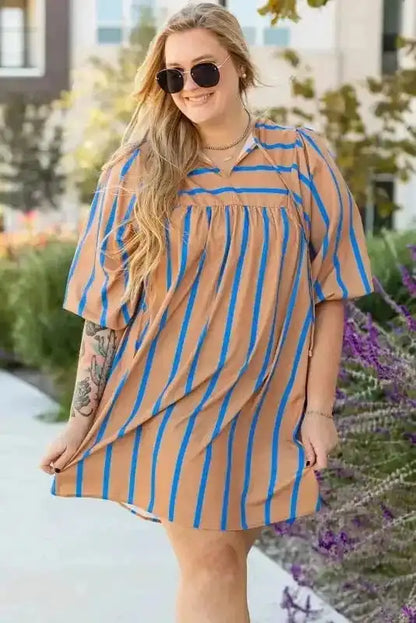 Plus Size Mini Dresses Khaki Stripe / 1X / 100%Polyester Khaki Stripe Babydoll Dress