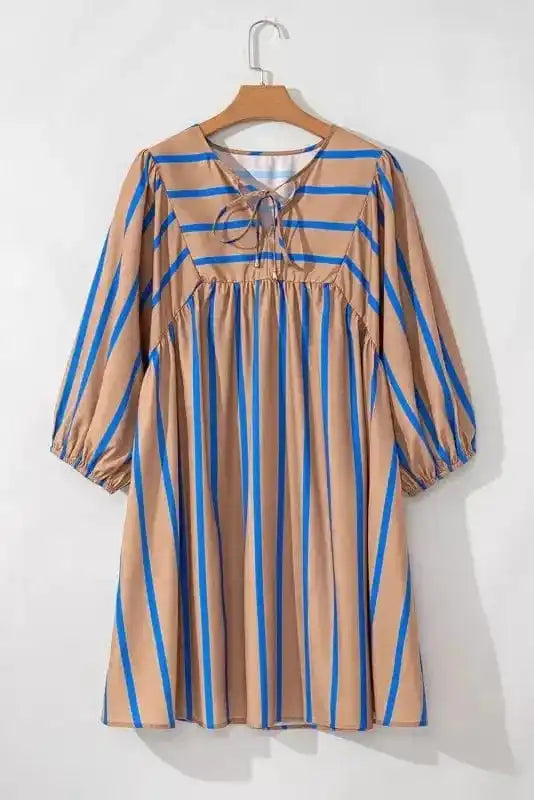 Plus Size Mini Dresses Khaki Stripe Babydoll Dress