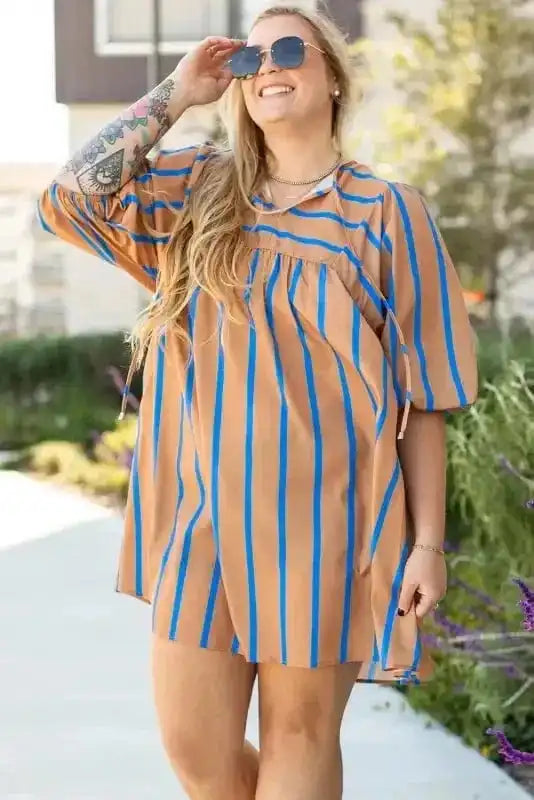 Plus Size Mini Dresses Khaki Stripe Babydoll Dress