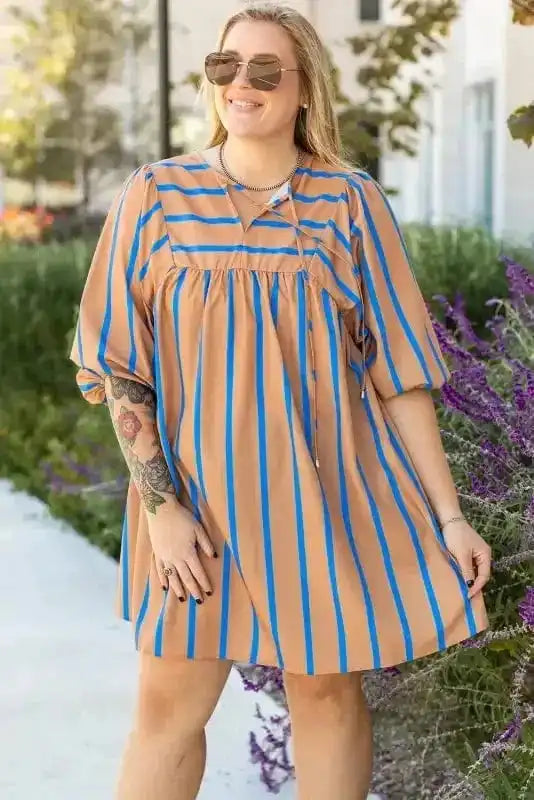 Plus Size Mini Dresses Khaki Stripe Babydoll Dress