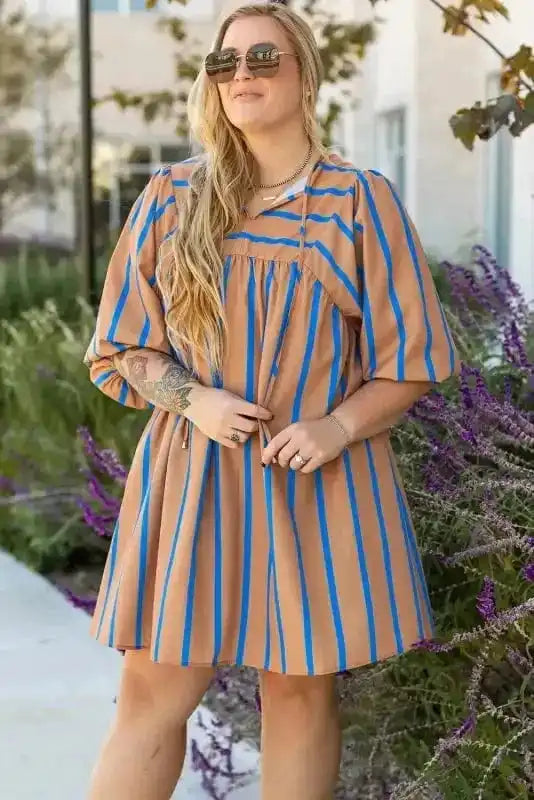 Plus Size Mini Dresses Khaki Stripe Babydoll Dress