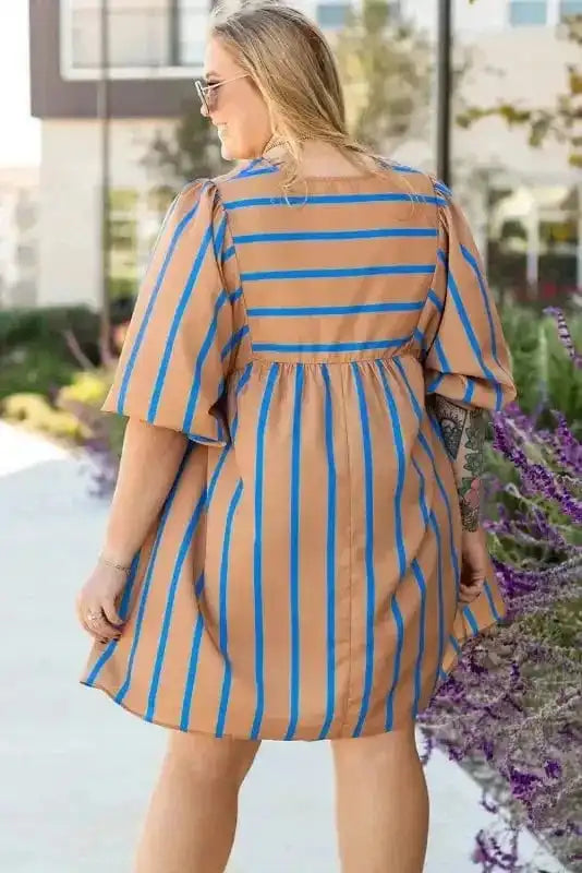 Plus Size Mini Dresses Khaki Stripe Babydoll Dress