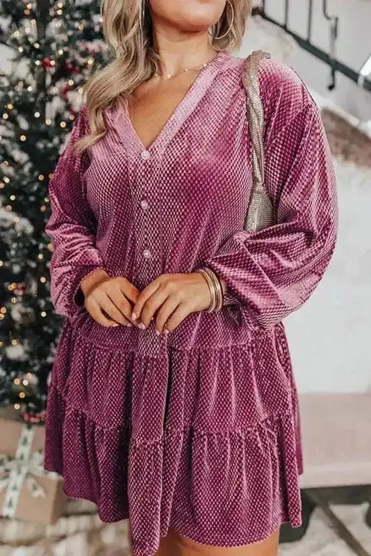 Plus Size Mini Dresses Meadow Mauve / 1X / 85%Polyester+10%Metallized fibres+5%Elastane Velvet Elegance Tiered Dress