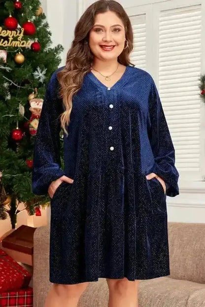 Plus Size Mini Dresses Navy Blue / 1X / 85%Polyester+10%Metallized fibres+5%Elastane Luxe Velvet Layers Mini Dress