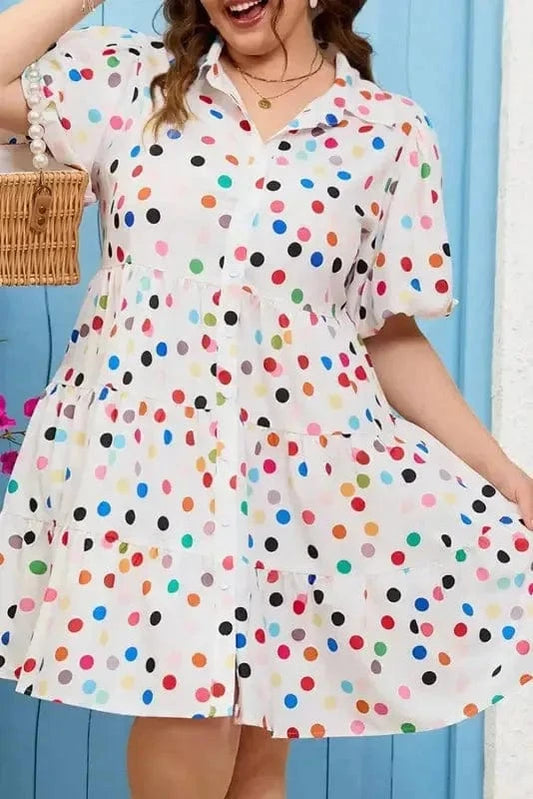 Plus Size Mini Dresses White / 1X / 100%Polyester Polka Dot Grace Plus Size Dress