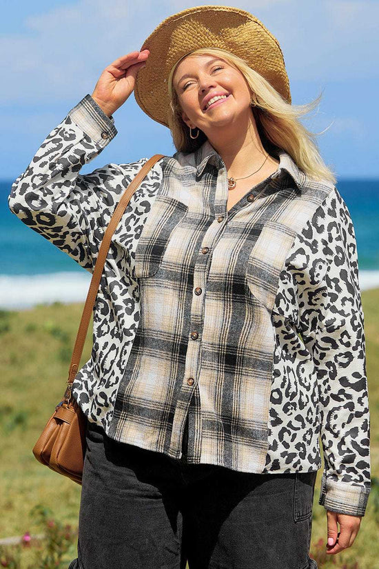 Plus Size Outerwear Black / 1X / 100%Polyester Plaid & Leopard Fusion Shacket