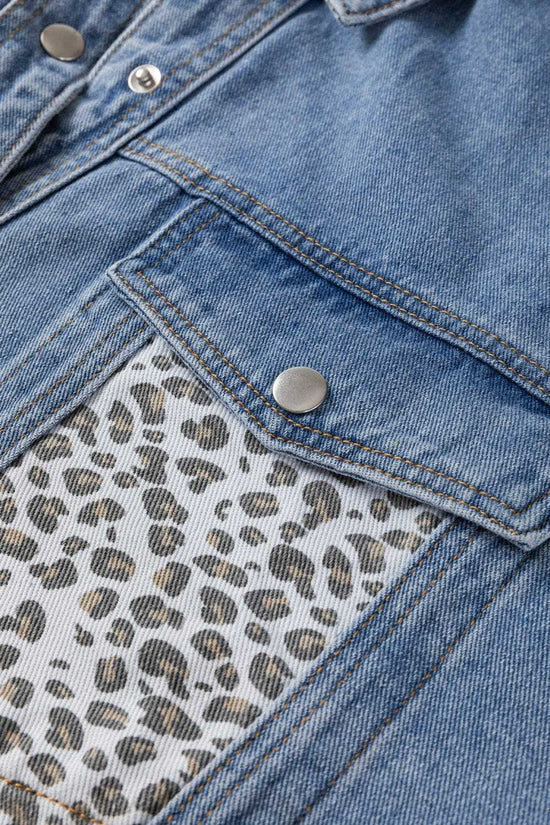 Plus Size Outerwear Leopard Contrast Denim Jacket Plus Size
