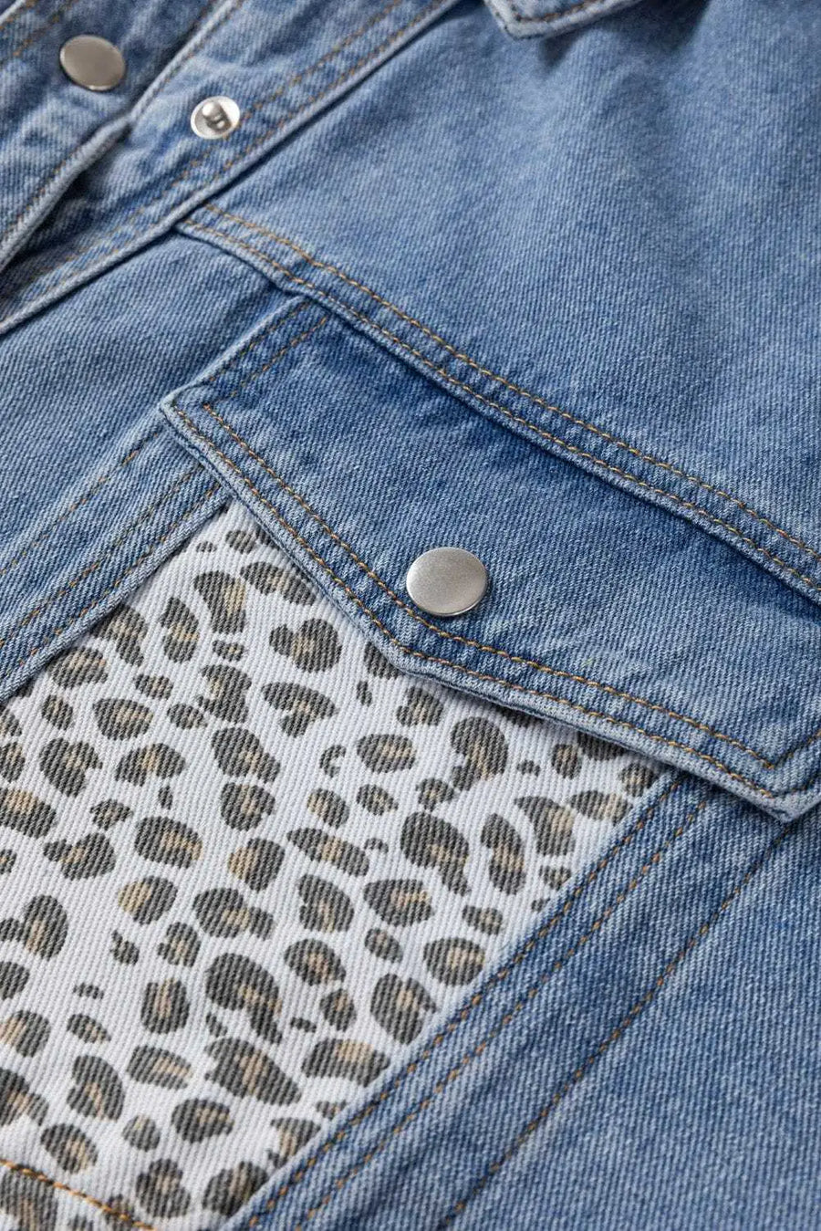 Plus Size Outerwear Leopard Contrast Denim Jacket Plus Size