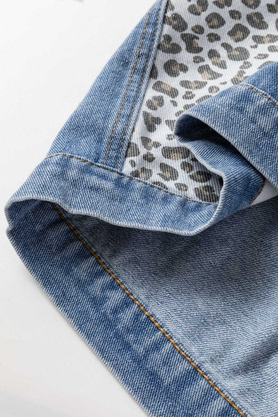 Plus Size Outerwear Leopard Contrast Denim Jacket Plus Size