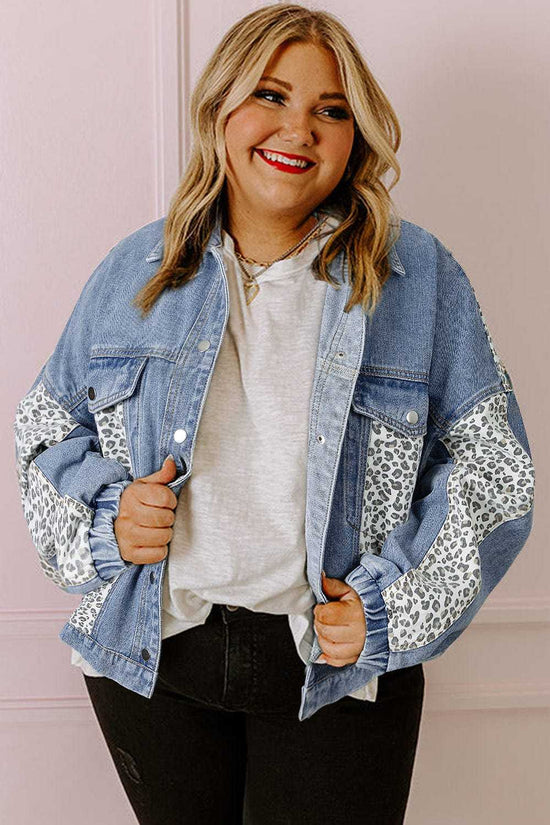 Plus Size Outerwear Leopard Contrast Denim Jacket Plus Size