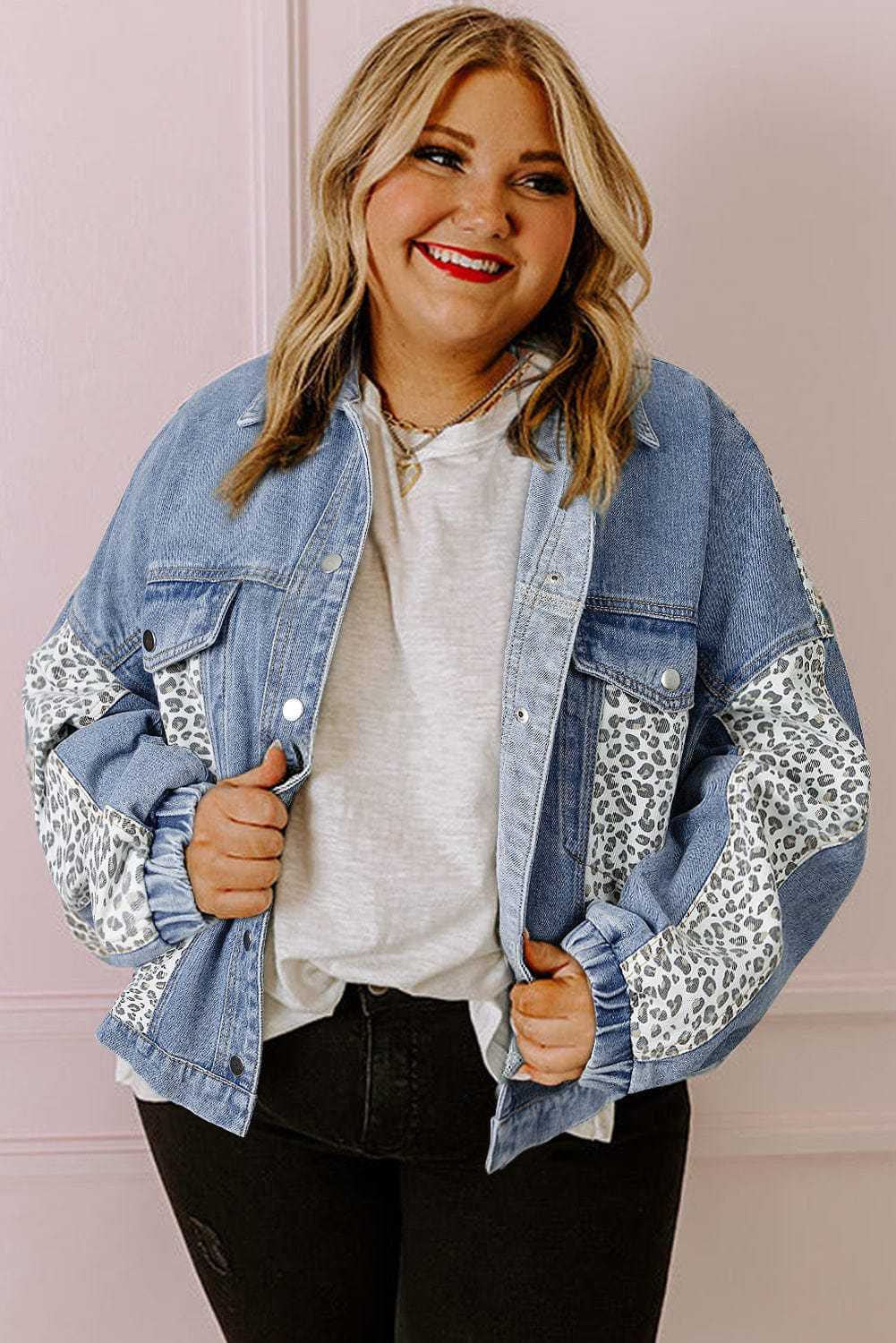 Plus Size Outerwear Leopard Contrast Denim Jacket Plus Size