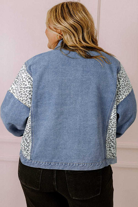 Plus Size Outerwear Leopard Contrast Denim Jacket Plus Size