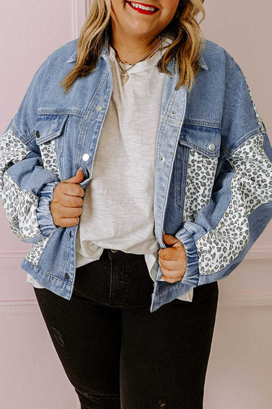 Plus Size Outerwear Leopard Contrast Denim Jacket Plus Size
