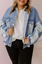 Plus Size Outerwear Leopard Contrast Denim Jacket Plus Size