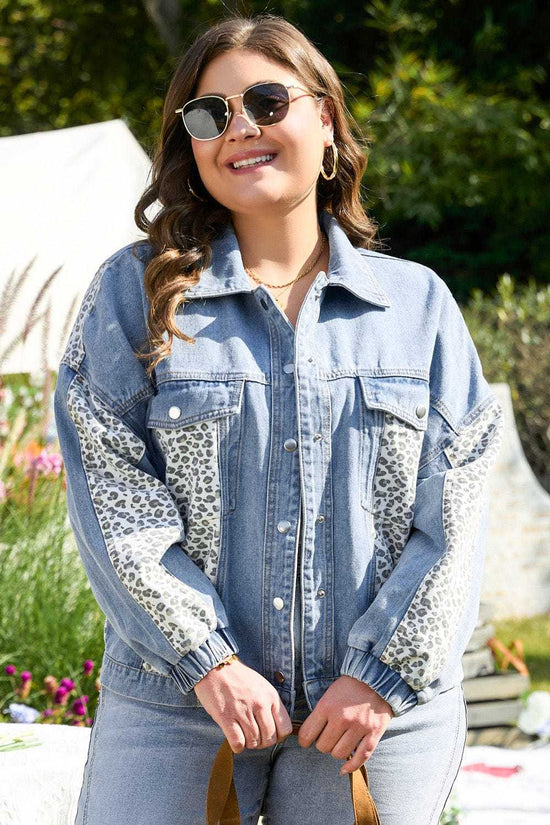 Plus Size Outerwear Leopard Contrast Denim Jacket Plus Size