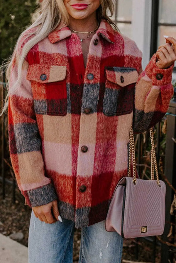 Orange rustic charm plaid fleece plus size jacket front view — Fashionfitz UK