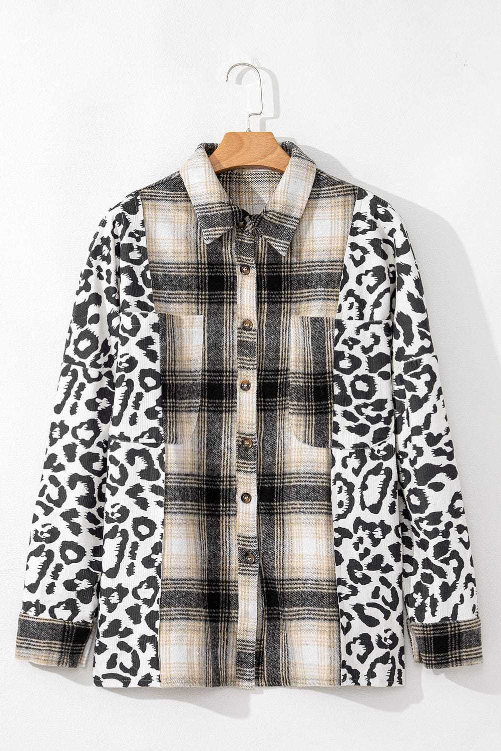 Plus Size Outerwear Plaid & Leopard Fusion Shacket