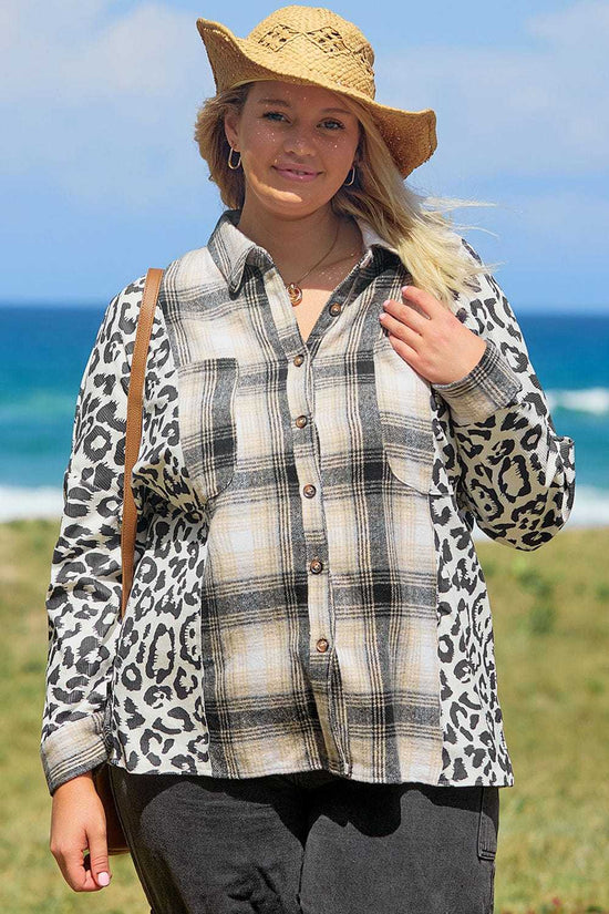 Plus Size Outerwear Plaid & Leopard Fusion Shacket