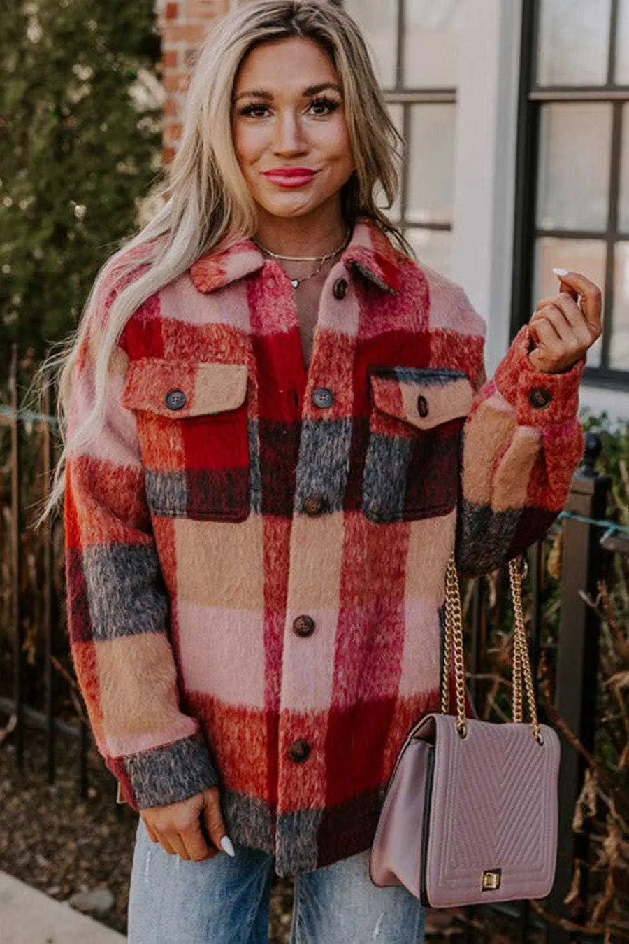 Plus Size Outerwear Rustic Charm Plaid Fleece Jacket