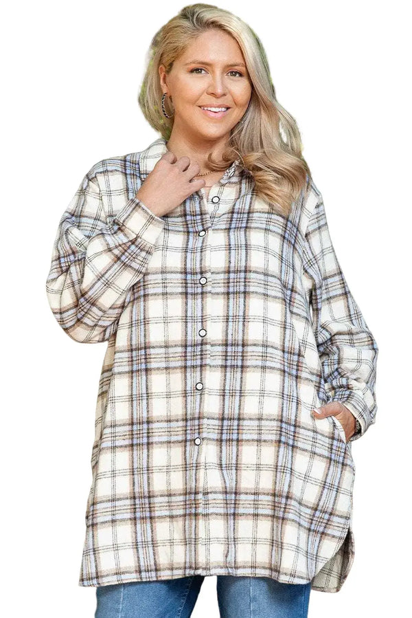 White stripe plus size plaid tunic shacket with pockets front view — Fashionfitz UK