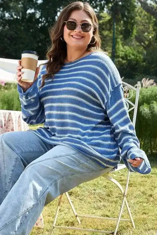 Plus Size Sweaters Cozy Blue Stripe Plus-Size Sweater