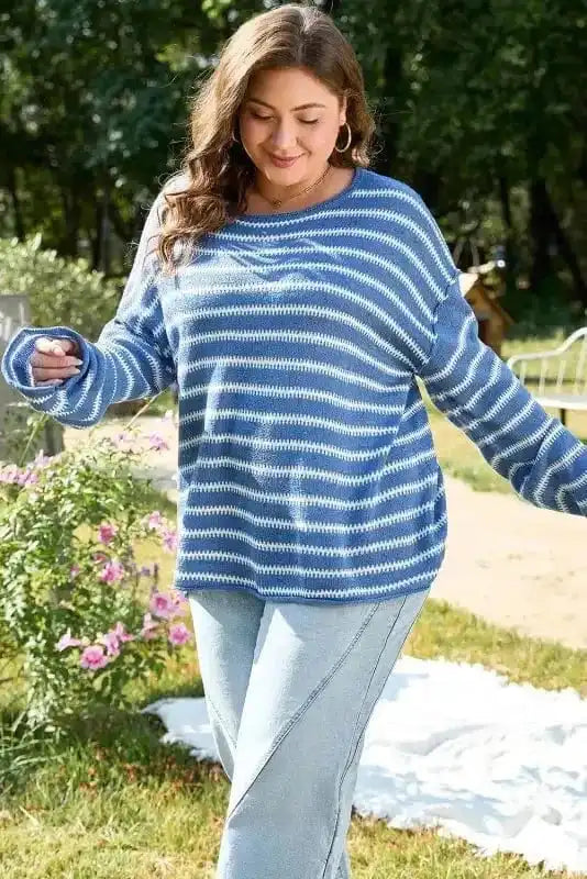 Plus Size Sweaters Cozy Blue Stripe Plus-Size Sweater