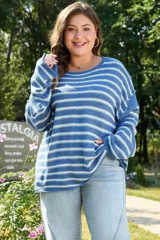 Plus Size Sweaters Cozy Blue Stripe Plus-Size Sweater