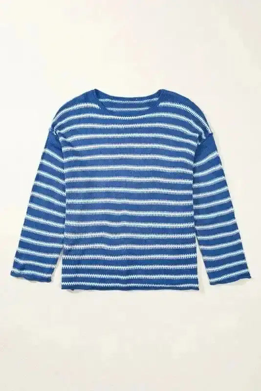 Sky blue stripe plus size cosy sweater front view — Fashionfitz UK