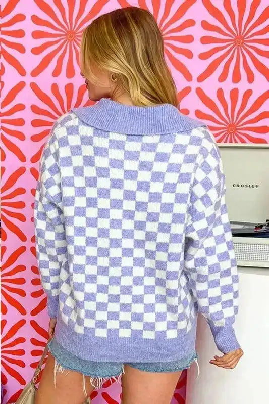 Plus Size Sweaters Cozy Checkmate - Plus Size Purple Checkered Sweater