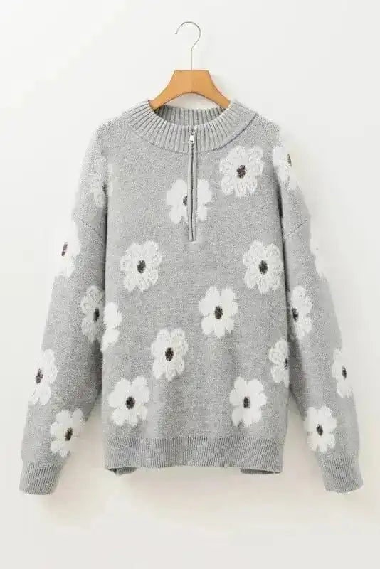 Plus Size Sweaters CozyBloom Plus Size Floral Half-Zip Sweater