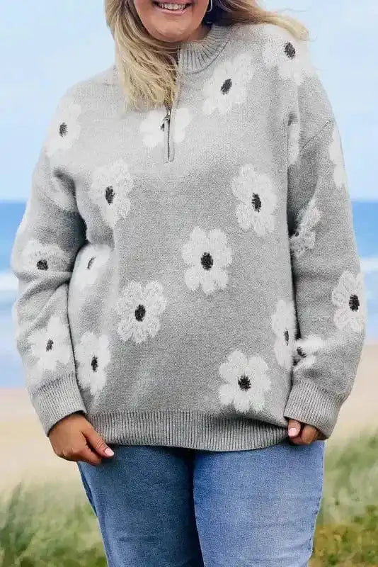 Plus Size Sweaters CozyBloom Plus Size Floral Half-Zip Sweater