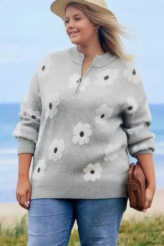 Plus Size Sweaters CozyBloom Plus Size Floral Half-Zip Sweater