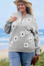 Plus Size Sweaters CozyBloom Plus Size Floral Half-Zip Sweater