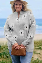 Plus Size Sweaters CozyBloom Plus Size Floral Half-Zip Sweater