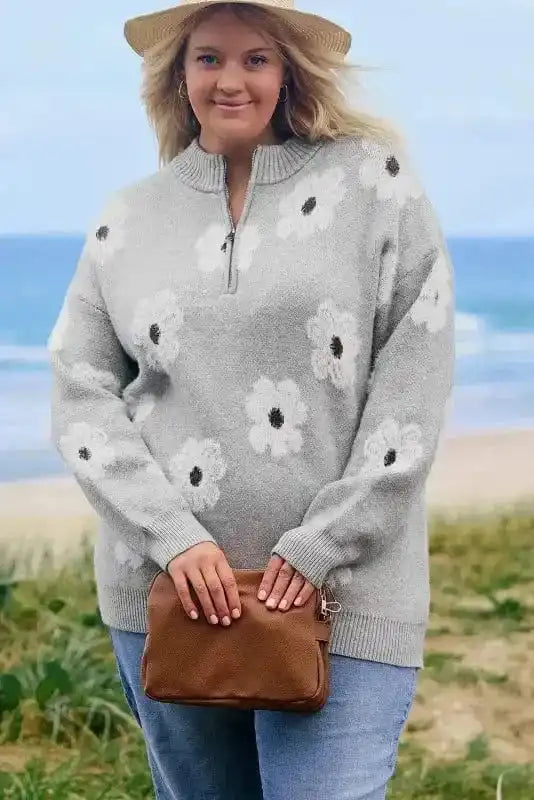 Plus Size Sweaters CozyBloom Plus Size Floral Half-Zip Sweater