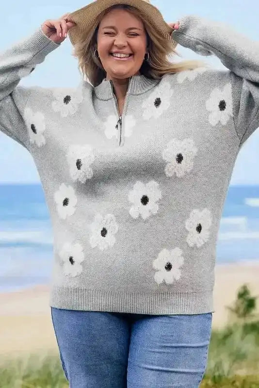 Plus Size Sweaters CozyBloom Plus Size Floral Half-Zip Sweater