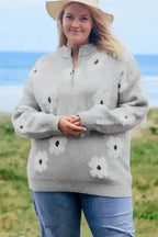 Plus Size Sweaters CozyBloom Plus Size Floral Half-Zip Sweater