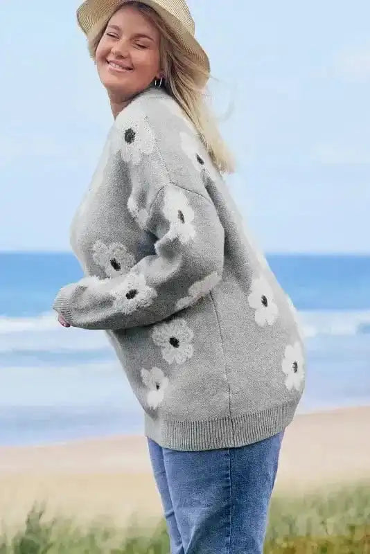 Plus Size Sweaters CozyBloom Plus Size Floral Half-Zip Sweater