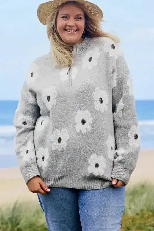 Grey floral half-zip plus size sweater front view — Fashionfitz UK